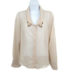 Decree Sheer Tan Beaded Top Womens Size S Long Sleeve Iridescent Button NEW